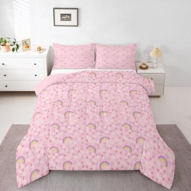 Imagem de Erosebridal Conjunto de edredom solteiro com coração rosa, arco-íris, para meninas, amor, geométrico, para decoração de quarto, edredom desenhado à mão, macio, quente, 2 peças com 1 fronha