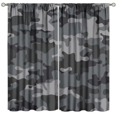 Imagem de Cortina camuflada, cinza e preto, camuflagem, padrão abstrato, tratamentos de janela, cortinas com isolamento térmico, 2 conjuntos de painéis para quarto, sala de estar, 107 cm L x 114 cm C 【decoração