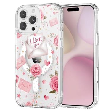 Imagem de OFQKOAKS Capa para iPhone 16, compatível com MagSafe, linda capa de telefone magnética rosa com letra de amor romântica, capa protetora fina e transparente para amantes