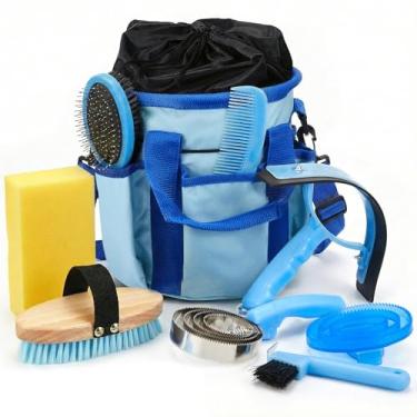Imagem de Cunhill Kit de cuidados com cavalos, conjunto de artigos para quarto com sacola, curry de massagem oval, escova dura e macia, palito de casco, raspador de suor, esponja de banho, pente para iniciante
