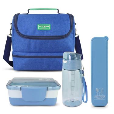 Imagem de Kit Bolsa Térmica Pote Marmita 950ml Garrafa 550ml E Porta Talheres Vibe Azul