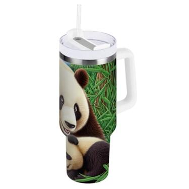 Imagem de ODAWA Copo isolado grande Pandas Grassland com canudo e alça, copo de aço inoxidável isolado com tampa 2 em 1
