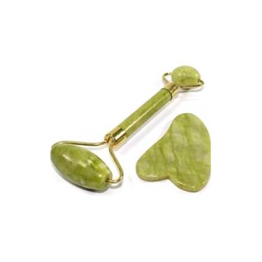 Imagem de Massageador Facial Pedra de Jade 2 em 1 com Gua Sha, Cobre e Jade, 15cm x 5,5cm, para Rosto e Corpo, 100g