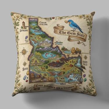 Imagem de DECOPOW Capa de almofada vintage com mapa de Idaho - Capa de almofada retrô Gem State Even Potatoes are a Treasure apenas 45 x 45 cm