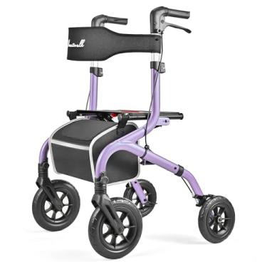 Imagem de PLANET WALK Andador de rolo dobrável: rodas todo-o-terreno de 25,4 cm e 20,3 cm, capacidade de 136 kg, pneus de borracha pisada, assento e encosto respiráveis, auxílio de mobilidade leve para idosos