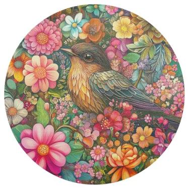 Imagem de Conjunto de 1 jogo americano redondo de PVC durável de pássaro floral para jardim de 38 cm, tapetes de mesa laváveis para mesa redonda