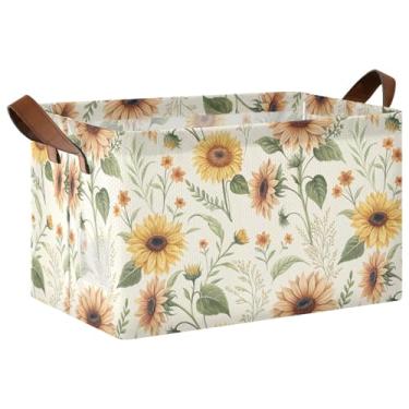 Imagem de Cestas de armazenamento decorativas de folhas de girassóis bege com alças, caixas organizadoras dobráveis para armazenamento doméstico e organização 17 x 29 x 25 cm, 1 pacote