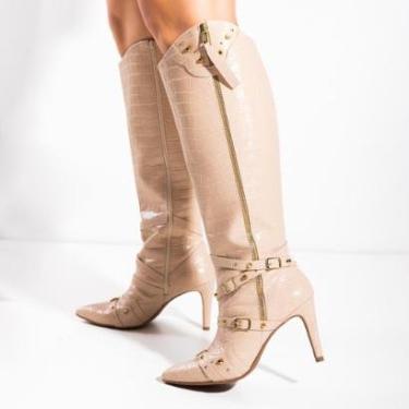 Imagem de Bota Feminina Morgana Estilosa Cano Longo Com Tachas Fivelas e Zíper Bico Fino e Salto Fino Not-me-Feminino