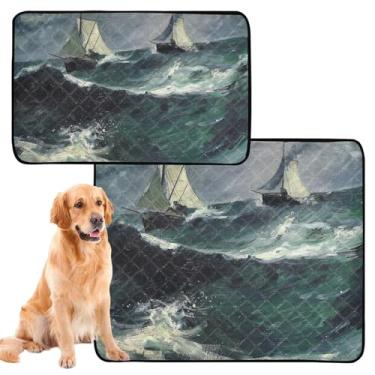 Imagem de TSENQUE Pintura, barcos à vela, ondas do oceano, almofadas de xixi, lavável e fofo, tapete impermeável para animais de estimação, tapete reutilizável para filhotes de cachorro, absorvente, médio +
