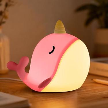 Imagem de HPYDIY Linda luz noturna narval, controle de torneira com 3 brilhos brancos quentes, luminária de cama infantil USB com temporizador de 30 minutos, brilho de silicone macio para berçário, presente de