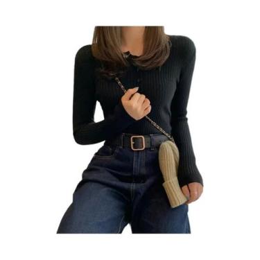 Imagem de Suéter Feminino Slim Fit De Tricô Com Botões, Gola Redonda, Pulôver Pa