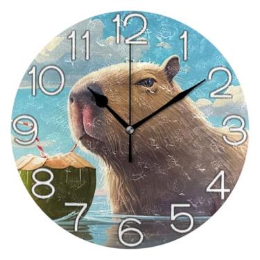 Imagem de GAIGEO Relógio de parede analógico decorativo operado por bateria relógio de sala de aula escritório, arte de parede moderna legal decoração de casa linda capivara branca azul celeste, 25 cm