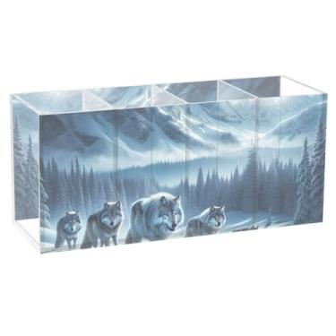 Imagem de TSENQUE Lindo suporte de caneta para mesa, lobos, lua, montanhas de acrílico, pincel de maquiagem, porta-copos, marcador artístico, decoração de escritório, organizador de mesa