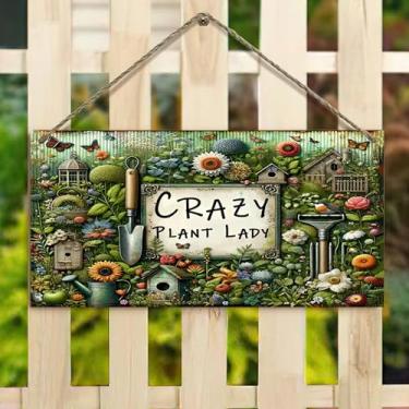 Imagem de Placa de pendurar de 10 x 20 cm - Placa de senhora de planta louca em jardim exuberante decoração rústica de casa de fazenda para cerca, varanda, jardim (casa vintage e design floral)