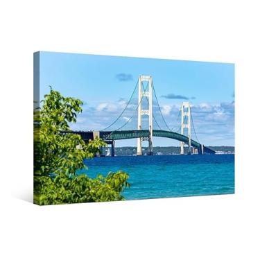 Imagem de LSIUHWUWI Arte de parede para sala de estar Mackinaw Bridge paisagem pintura de parede pôsteres 1 painel the Straits of Mackinac arte de parede paisagem urbana Michigan arte de decoração de casa