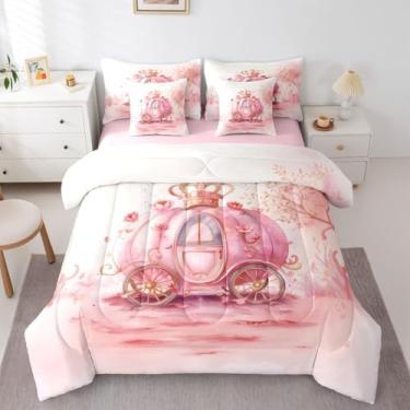 Imagem de jejeloiu Jogo de cama casal princesa com 7 peças, castelo rosa, para crianças, meninos, meninas, lençol fofo em uma bolsa, decoração de quarto kawaii, branco e rosa, microfibra leve e macia