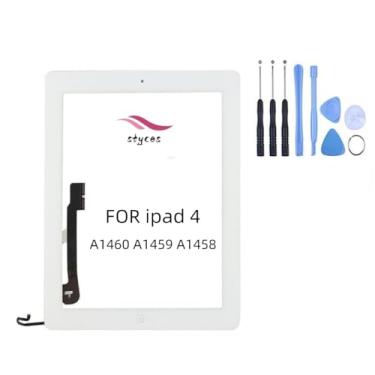 Imagem de STYCES Substituição de digitalizador de tela sensível ao toque quebrada para iPad 4 A1460 A1459 A1458, tela de vidro frontal com botão Home (sem função de impressão digital), ferramentas e fita dupla