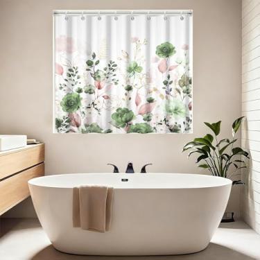 Imagem de Cortina de chuveiro curta, impermeável verde rosa floral para banheira ou banheira, aquarela floral folha de eucalipto conjuntos de cortinas de banho para janela de chuveiro 182 x 152 cm