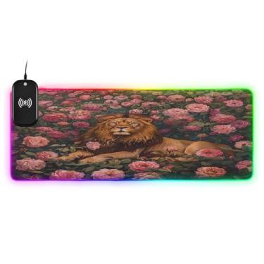 Imagem de CEBUGI Mouse pad de carregamento sem fio Lion Rose 15 W rápido para jogos com 14 iluminação LED RGB para jogos, PC, laptop, mesa 80 x 30 cm