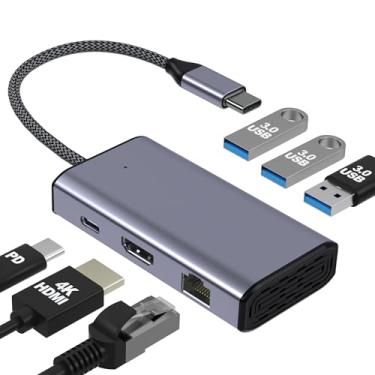 Imagem de Adaptador USB C para Ethernet, base USB C para HDMI 6 em 1 para iPhone 16 Pro/Pro Max, Chromebook, Dell XPS, dispositivos HP e tipo C, HUB USB-C (Ethernet de 1 Gbps, HDMI 4K, carregamento PD de 100 W