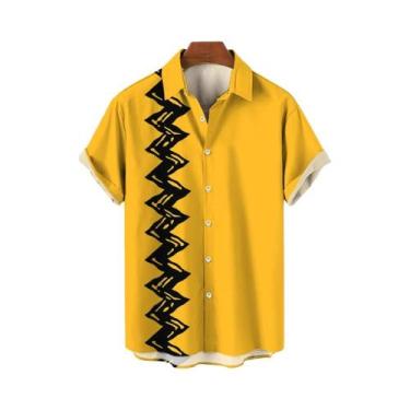 Imagem de Camisa Masculina Amarela Oversized Com Estampa Havaiana, Blusa Casual 