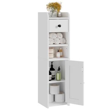 Imagem de Lomojo Armário de armazenamento pequeno para banheiro, suporte estreito de papel higiênico, armário de canto com portas e gaveta para espaço pequeno, organizador de prateleira ajustável, 19 cm C x 19