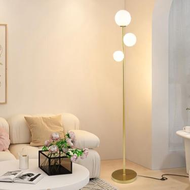 Imagem de Luminária de chão nórdica moderna com 3 bolas de vidro branco, luminária de luxo em metal dourado para sala de estar, luminária vertical decorativa com interruptor de pé e fonte de luz G9 pa