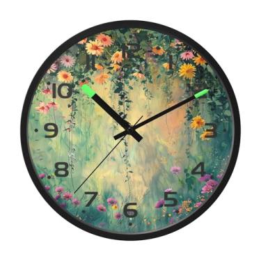 Imagem de SEHANY Relógio de parede vintage com flores de videira silencioso, sem tique-taque, relógio redondo operado por bateria, controle de som, luz noturna, relógios de parede para sala de estar, cozinha