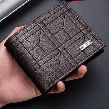 Imagem de Carteira masculina de couro PU, carteira dobrável com compartimento para vários cartões de grande capacidade, design fino e espaçoso, carteira clássica de cor sólida para uso diário, presente para