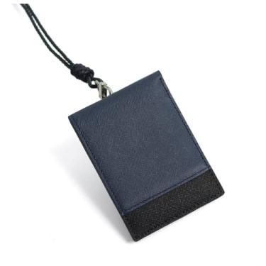 Imagem de stwees Carteira fina de couro, porta-cartões dobrável com botão de pressão, conjunto de carteira de pescoço com crachá de identificação, Azul marino, Dois tons
