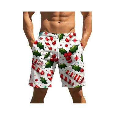 Imagem de Shorts De Natação Masculinos Com Estampa De Floco De Neve Vermelho E B