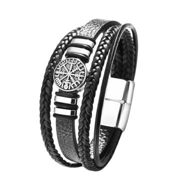 Imagem de Rofusn Pulseira de couro com bússola viking para homens: pulseira trançada nórdica runa nórdica de aço inoxidável joias viking presentes para pai, filho, namorado, Medium, Couro sintético, Sem Pedra