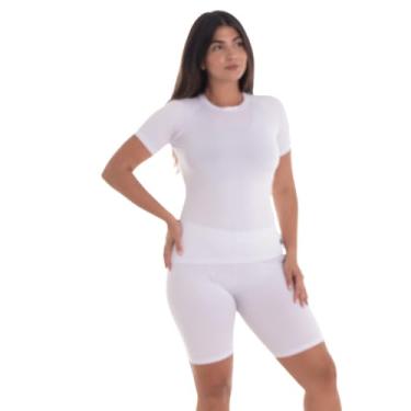 Imagem de Conjunto Feminino Camiseta Curta e Bermuda Térmica Segunda Pele Trygg Proteção UV50 Fitness Academia (P, Branco - Branco)