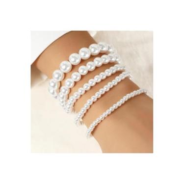 Imagem de Pulseiras de pérolas para mulheres, pulseira elástica de ouro com contas brancas, joias de casamento, formatura, dama de honra, presentes de amizade para mulheres, presentes de Natal, Dia dos