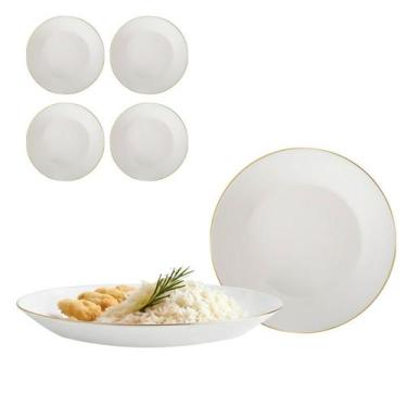 Imagem de Kit 4 Prato Redondo Raso Opaline Branco Restaurante Borda Dourada 26,5