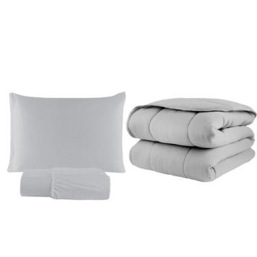 Imagem de Kit Edredom Solteiro Malha 100% Algodão 03 Pçs Liso Dupla Face C/ Viés