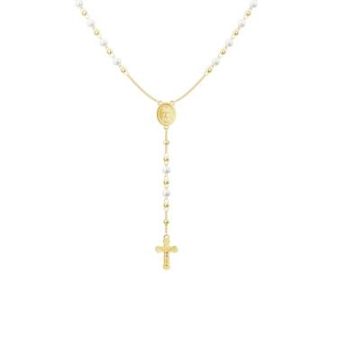 Imagem de Moodear Colar de cruz longa para mulheres – Colar com pingente de crucifixo banhado a ouro 14K delicado Lariat Rosarios Catholic Virgin Mary Beaded Y Chain Christian Jewelry Gift for Her, Banhado a