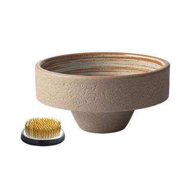 Imagem de Pires de plantas Prato de cerâmica retrô chinês para arranjos florais com base baixa e bandeja coletora gotas para mesa (Kenzan)