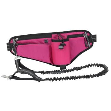 Imagem de CUOFYUNL Mãos Livres Coleira para Cachorro Pacote de Cintura Resistente à Água Noite Reflexiva Grande Capacidade para Caminhadas de Cachorro ao Ar Livre (Rosa Vermelha)