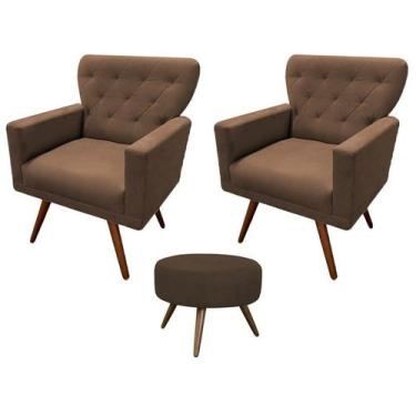 Imagem de Kit 2 Poltronas Decorativa Aurora + 1 Puff Redondo Suede Marrom Pés Ma