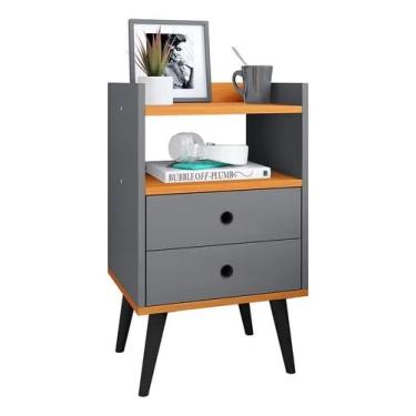 Imagem de Mesa cabeceira cinza detalhe em madeira lateral estilo moderno decoração sala estar jantar entrada cama quarto armário pés preto no pix multiuso