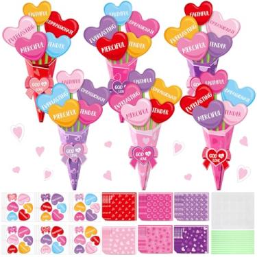 Imagem de Funrous 48 Set Valentine's Day Heart Shaped Flower Bouquet Crafts Making Kit DIY Paper Flowers for Crafts Make Your Own Bouquet for Handmade Project Valentine's Day Party Activity Gift