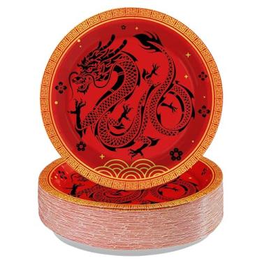 Imagem de Greencian 50 peças de suprimentos de festa de dragão chinês grandes 25 cm pratos de papel de ano novo chinês descartáveis ouro vermelho preto pratos de dragão para o ano novo da China, festival de