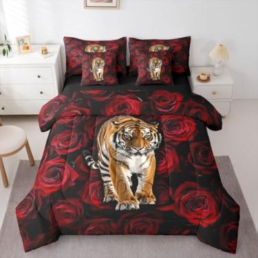 Imagem de Erosebridal Conjunto de cama de 7 peças com tema de animais selvagens e animais selvagens, vermelho, amarelo, rosa, 7 peças, para adolescentes, homens e mulheres