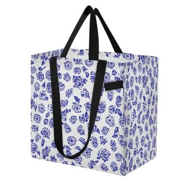 Imagem de SEHANY Sacolas de compras reutilizáveis de porcelana azul e branca com alças reforçadas, bolsa de compras de lona dobrável à prova d'água de grande capacidade para viagem, cozinha, praia