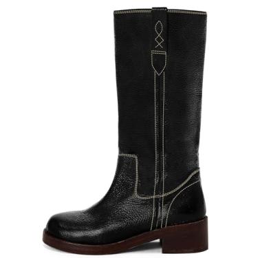 Imagem de KISSASA Botas de cano alto femininas bico grosso bloco grosso salto baixo botas de moto vintage pull on botas longas retrô sapatos campus, Preto, 40