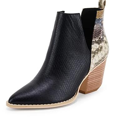 Imagem de FISACE bota feminina bico fino empilhado salto médio cano curto decote V zíper traseiro couro sintético, 1-black, 6