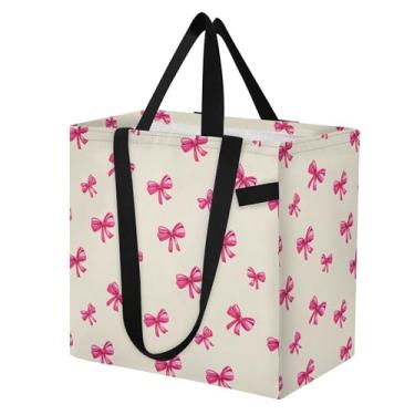 Imagem de SEHANY Sacolas de compras reutilizáveis com laço rosa fofo com alças reforçadas, bolsa de compras de lona dobrável à prova d'água de grande capacidade para viagem, cozinha, praia