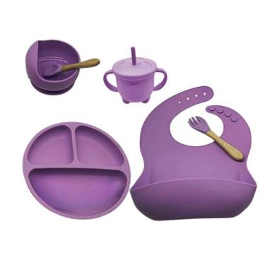 Imagem de  Conjunto Refeição Introdução Alimentar Prato Copo Babador Talher Bebê