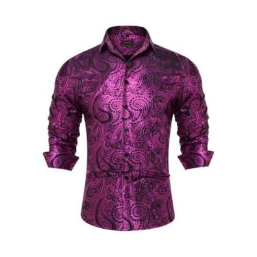 Imagem de Camisa Social Masculina Slim Fit Com Estampa Paisley Em Seda, Manga Lo